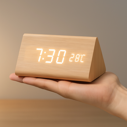 Digitale LED Klok Hout Driehoek Modern Design Wekker USB Dimbaar Display Tafelklok Slaapkamer Kantoor