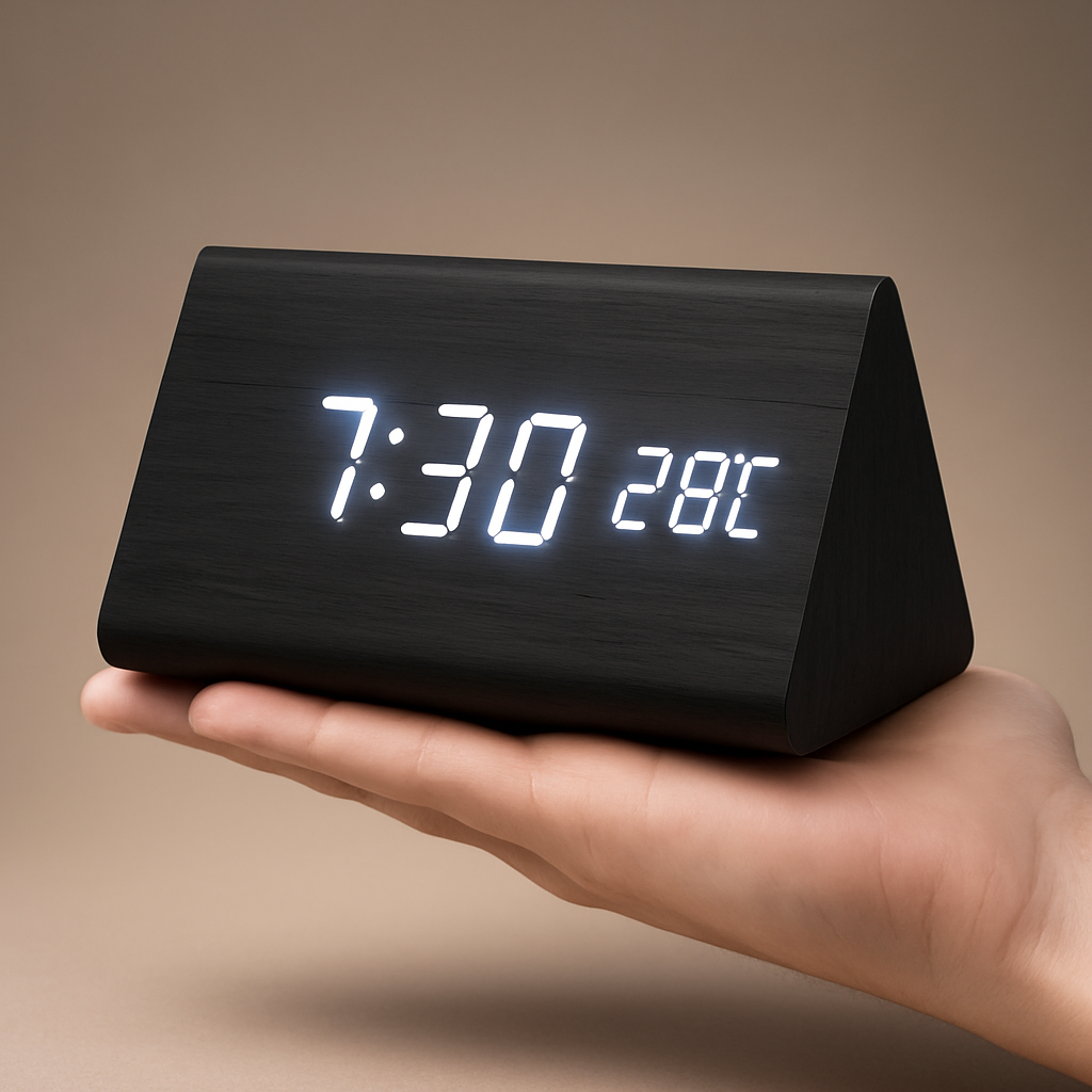 Digitale LED Klok Hout Driehoek Modern Design Wekker USB Dimbaar Display Tafelklok Slaapkamer Kantoor