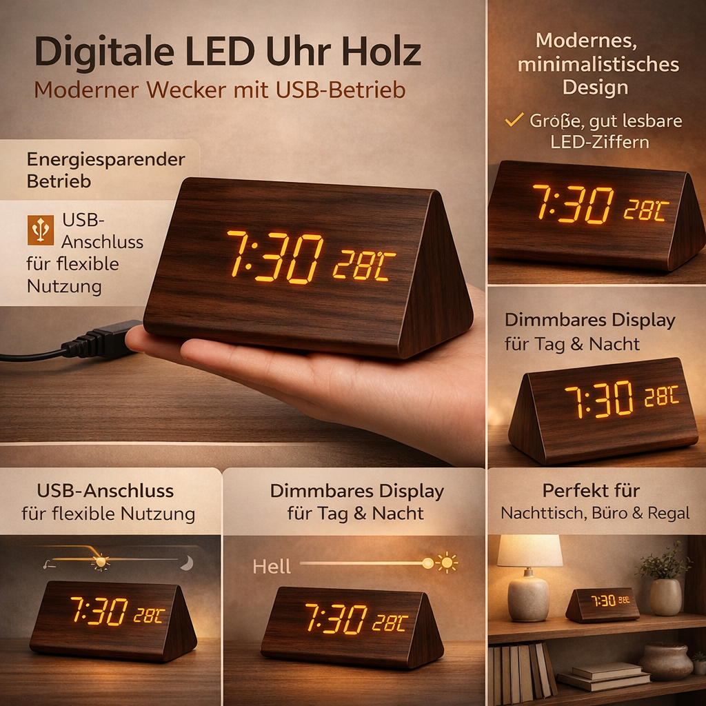 Digitale LED Klok Hout Driehoek Modern Design Wekker USB Dimbaar Display Tafelklok Slaapkamer Kantoor