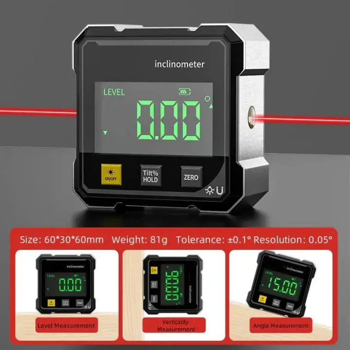 Digitale Hoekmeter Laser Magneetvoet USB Oplaadbaar Aluminium 6x6x3cm Waterpas Nivelleren Loodrecht Meten Schilderijen Schappen Hoek Meting