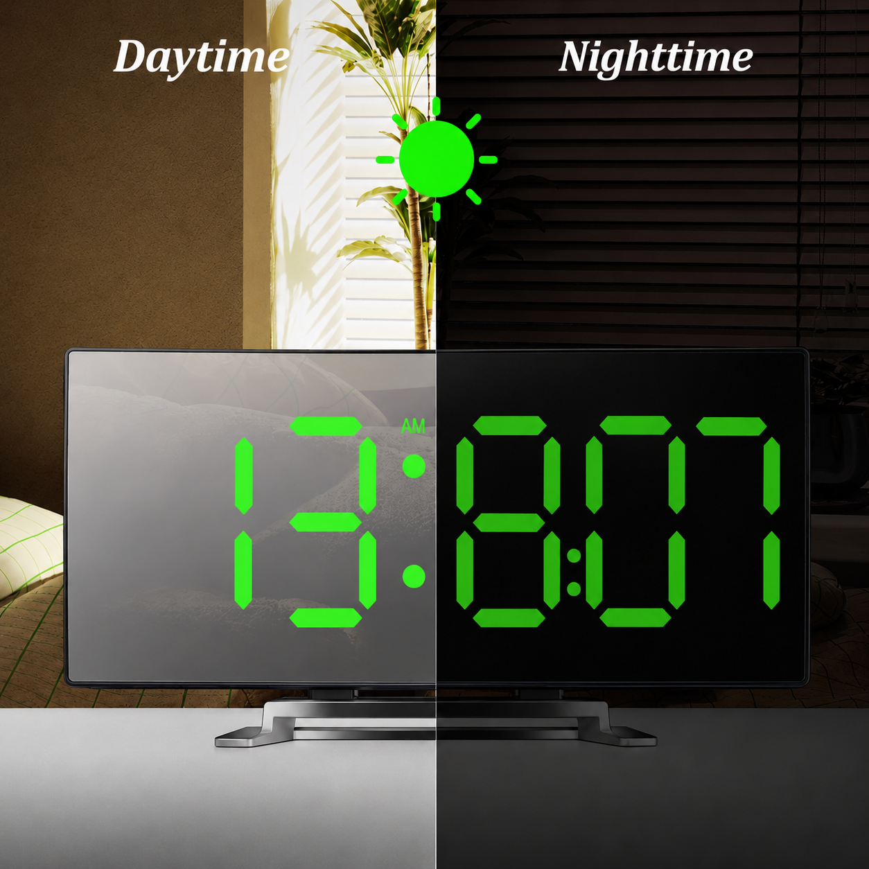 Digitale LED Spiegelwekker met Gebogen Display en Automatische Dimfunctie | CurveClock | Moderne Wekker met Dag- en Nachtmodus voor Slaapkamer en Kantoor