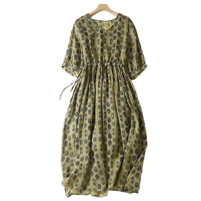 Donkergroene Jurk met Polka Dots en Elastische Taille - StudioMarella
