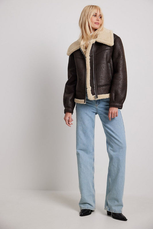 Dames Winterjas Donkerbruin Teddy Voering Aviator Stijl - StudioMarella