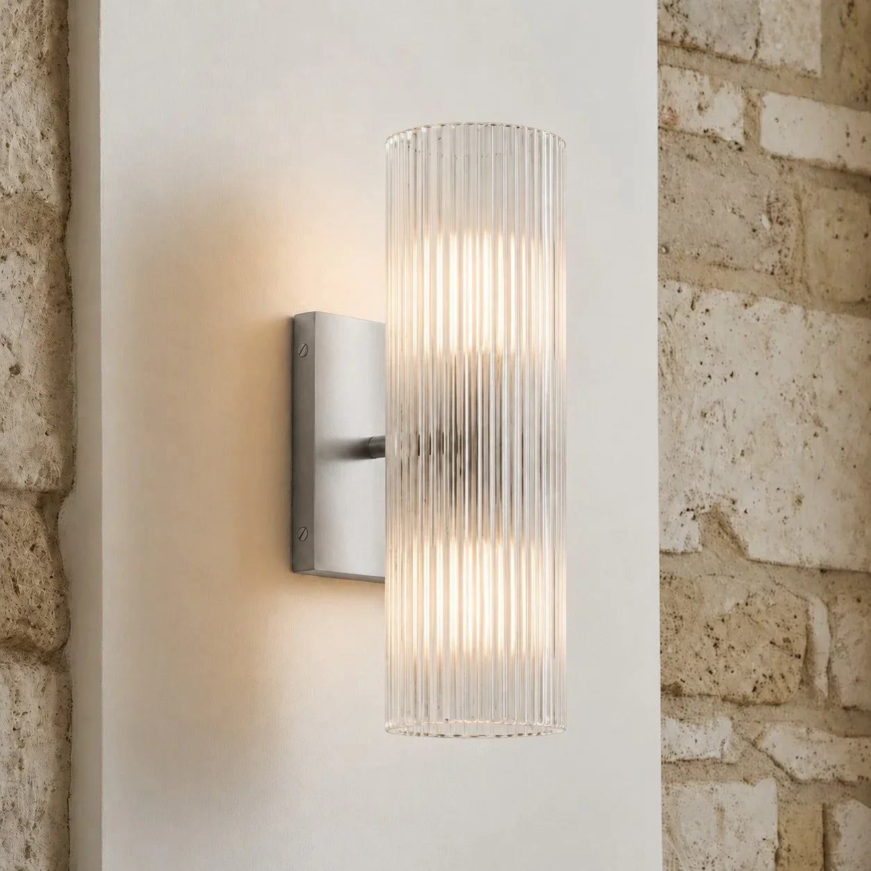 Cilindervormige wandlamp met natuurlijk albast of geribde glazen kap Brons Nikkel Messing