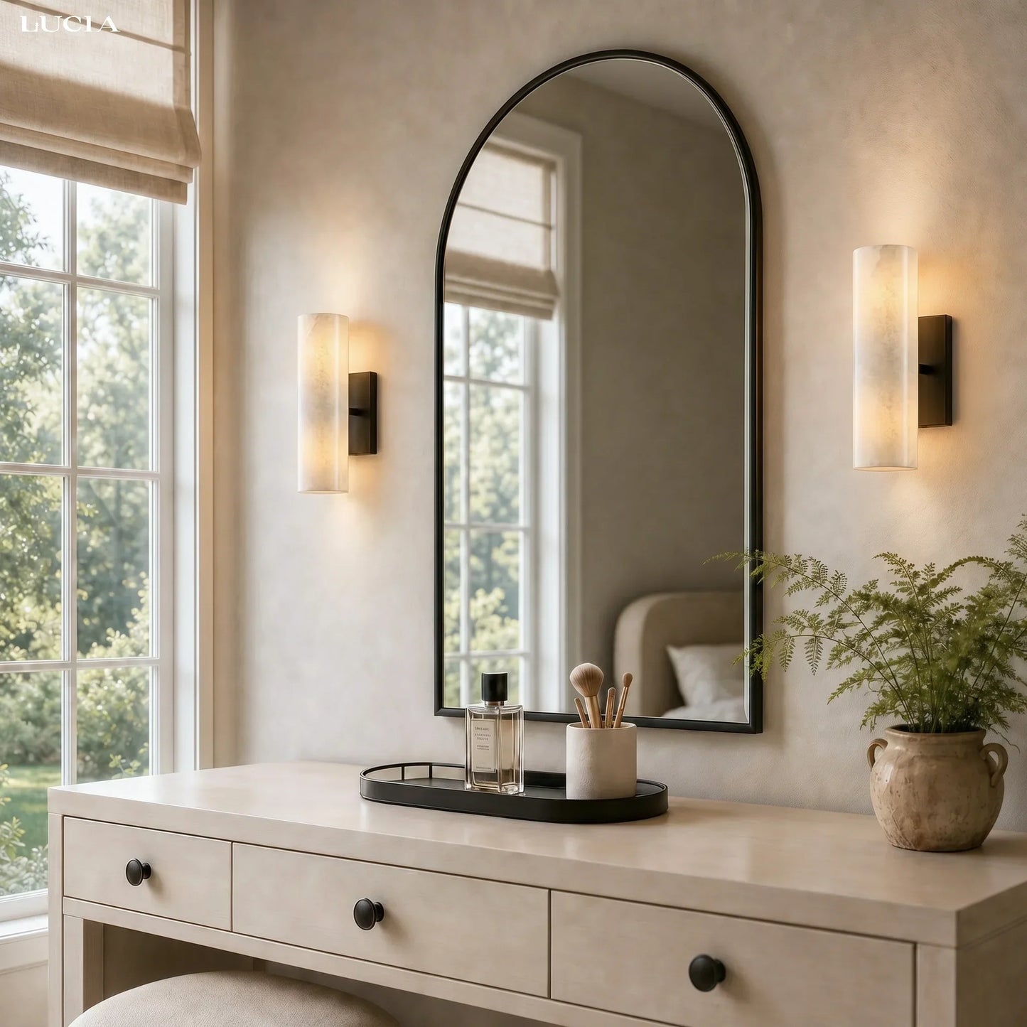 Cilindervormige wandlamp met natuurlijk albast of geribde glazen kap Brons Nikkel Messing