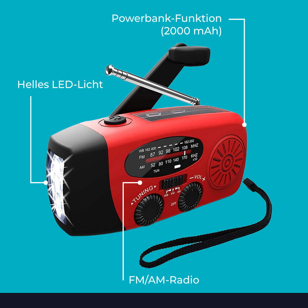 Noodradio met Handkurbel en Zonnepaneel voor Stroomuitval