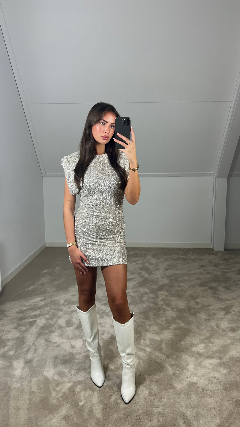 Jurk met Pailletten Mini Kort Schoudervulling Glitter