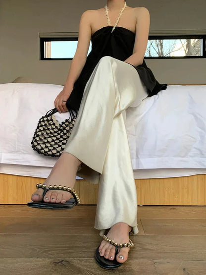 Satijnen Look Broek Wide Leg Elegant Comfortabele Damestijl