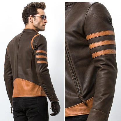 Heren Leren Jacket Retro Vintage Lederjack met Streeppatroon