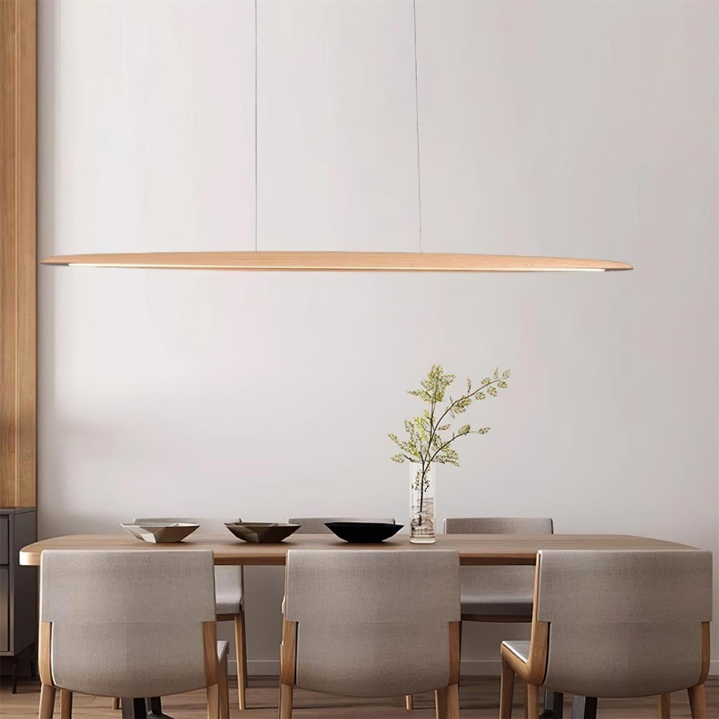 LED hanglamp hout lineair warm wit eettafel woonkamer kantoor minimalistisch Japandi design dimbaar keuken eiland verlichting