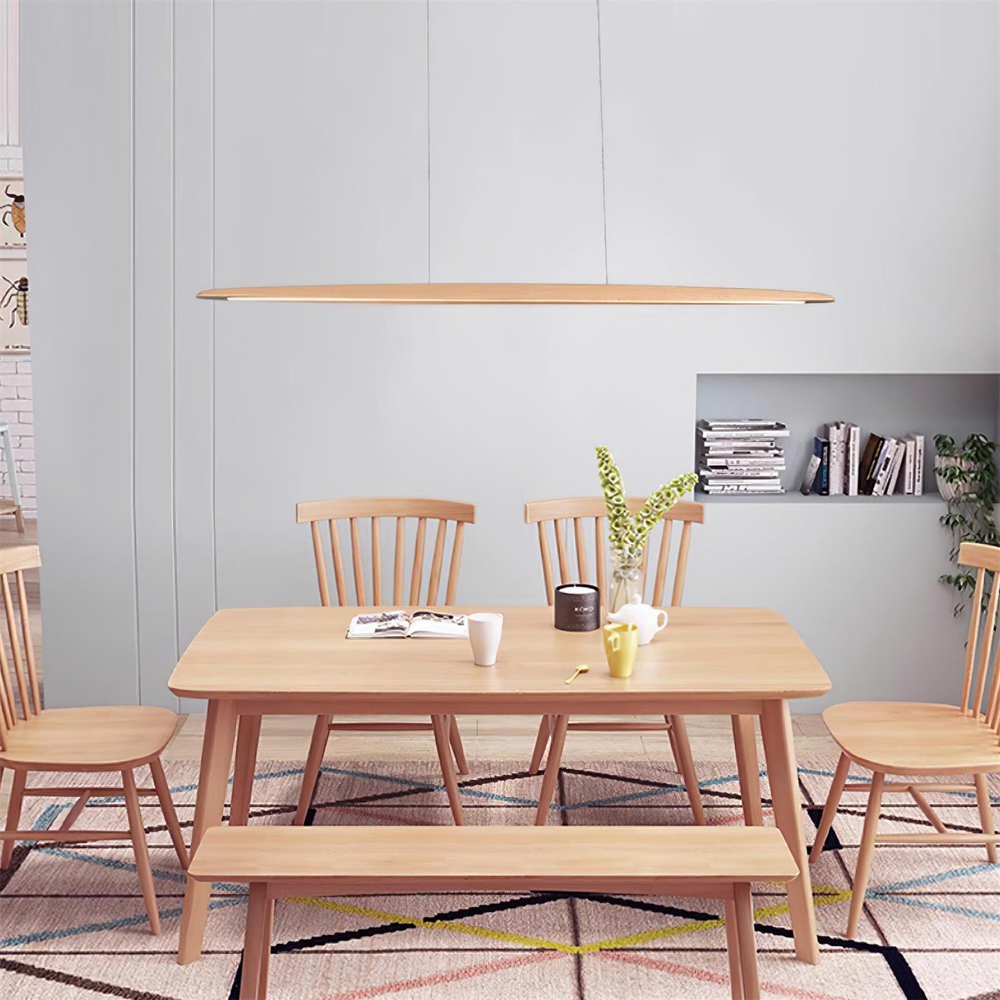 LED hanglamp hout lineair warm wit eettafel woonkamer kantoor minimalistisch Japandi design dimbaar keuken eiland verlichting