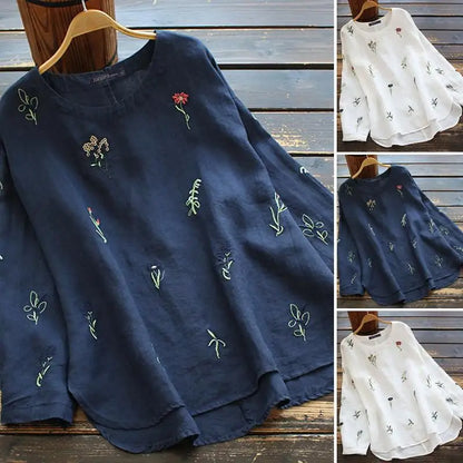 Vrouwen Blouse Lange Mouwen met Geborduurde Bloemen