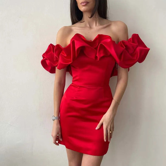 Cocktail Jurk Off-Shoulder Met Ruches en V-Neck