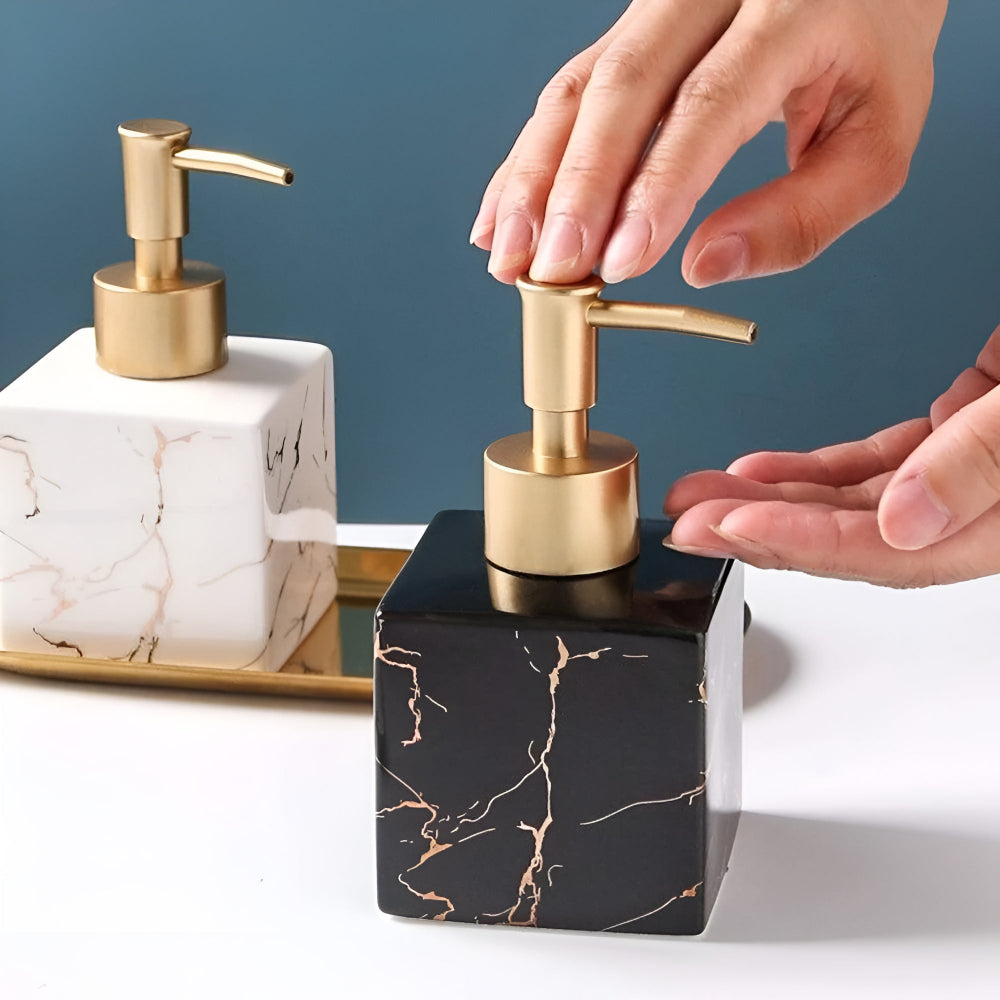 Zeeppompje Keramiek Marmer Finish Gouden Pomp 300ml Badkamer Keuken | Zeep Dispenser Marmerlook Aanrecht Countertop Handzeep Lotion