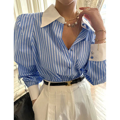 Vrouwelijke Blouse Lange Mouwen Gestreept Patchwork Stijl - StudioMarella