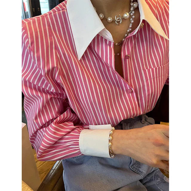 Vrouwelijke Blouse Lange Mouwen Gestreept Patchwork Stijl