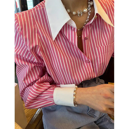 Vrouwelijke Blouse Lange Mouwen Gestreept Patchwork Stijl