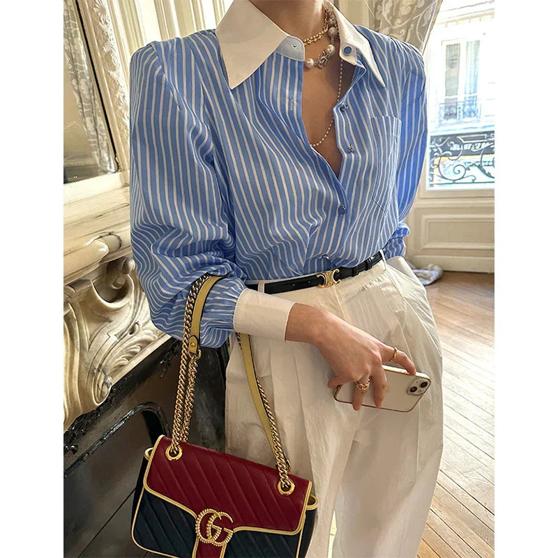 Vrouwelijke Blouse Lange Mouwen Gestreept Patchwork Stijl