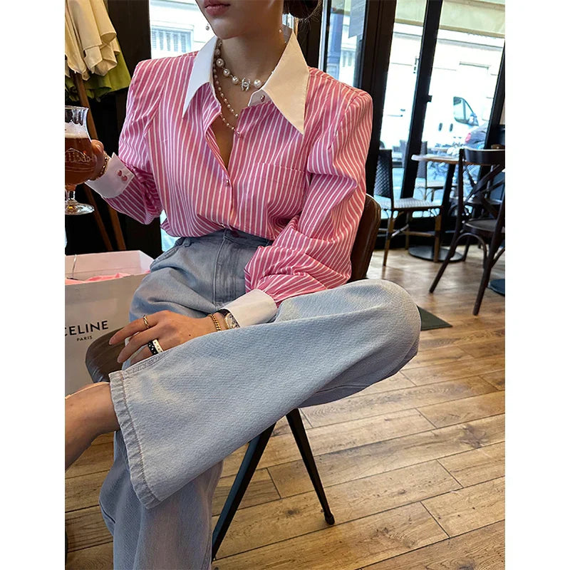 Vrouwelijke Blouse Lange Mouwen Gestreept Patchwork Stijl