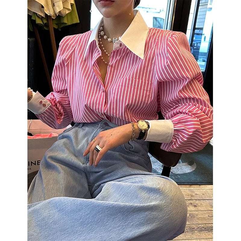 Vrouwelijke Blouse Lange Mouwen Gestreept Patchwork Stijl
