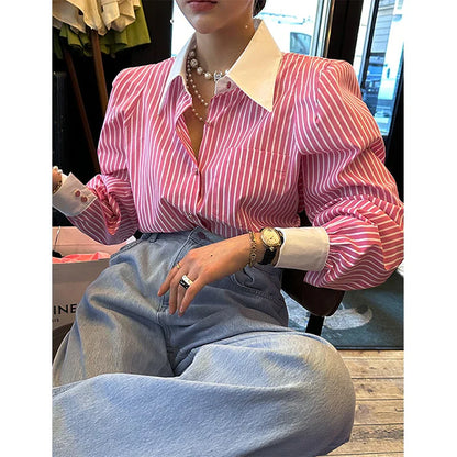 Vrouwelijke Blouse Lange Mouwen Gestreept Patchwork Stijl