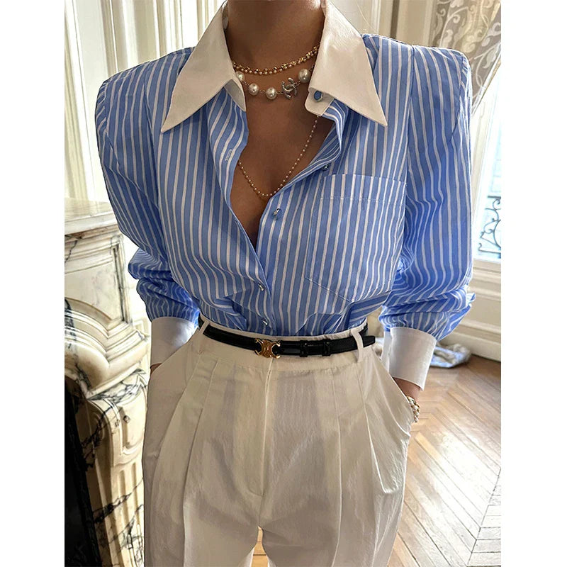 Vrouwelijke Blouse Lange Mouwen Gestreept Patchwork Stijl