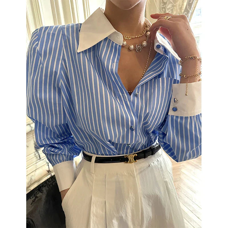 Vrouwelijke Blouse Lange Mouwen Gestreept Patchwork Stijl