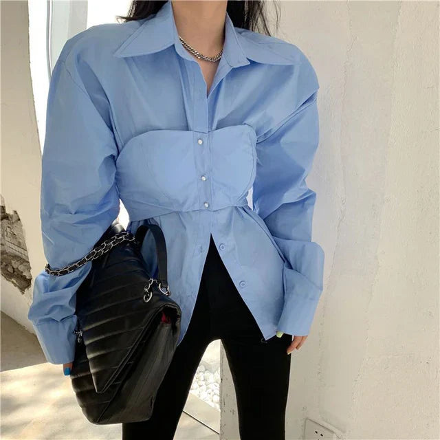 Wit Patchwork Blouse Koreaanse Stijl Tweedelig Effect - StudioMarella