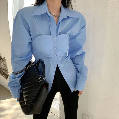 Wit Patchwork Blouse Koreaanse Stijl Tweedelig Effect - StudioMarella