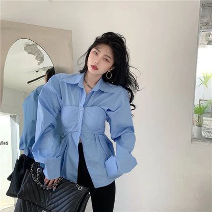 Wit Patchwork Blouse Koreaanse Stijl Tweedelig Effect
