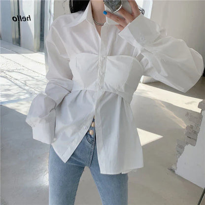 Wit Patchwork Blouse Koreaanse Stijl Tweedelig Effect