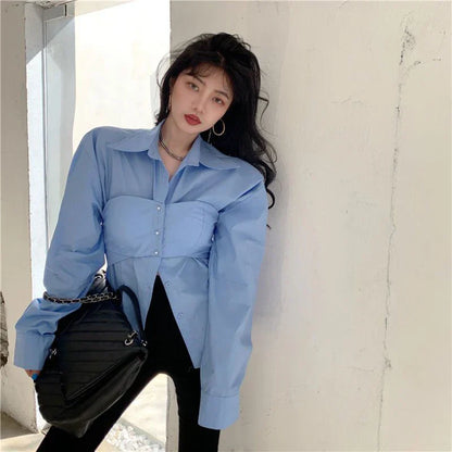 Wit Patchwork Blouse Koreaanse Stijl Tweedelig Effect
