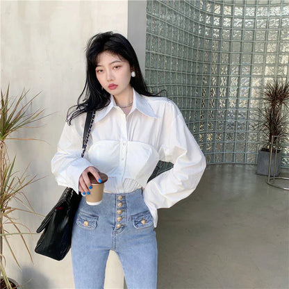 Wit Patchwork Blouse Koreaanse Stijl Tweedelig Effect