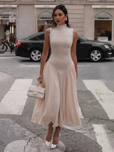 Mouwloze Midi Jurk voor Vrouwen Zomer Elegant Ruches