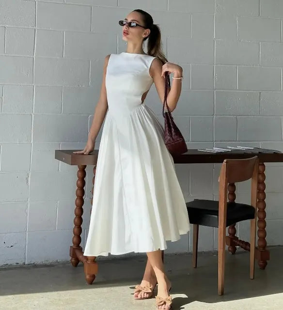 Mouwloze Midi Jurk voor Vrouwen Zomer Elegant Ruches