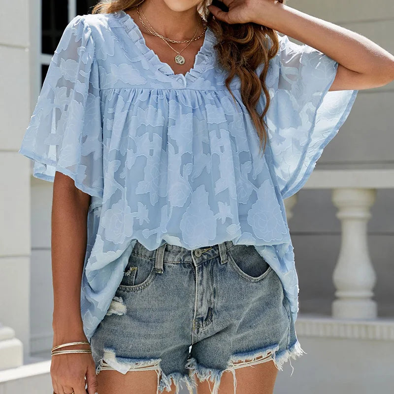 Vrouwen Blouse Geplisseerd Met Flare Mouw Zomerse Stijl