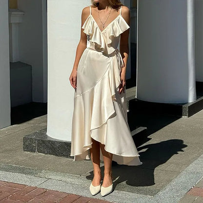 Mouwloze Satijnen Jurk met Nek Ruffles Luxe Look