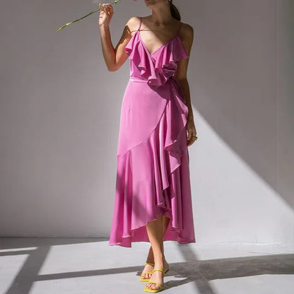 Mouwloze Satijnen Jurk met Nek Ruffles Luxe Look - StudioMarella