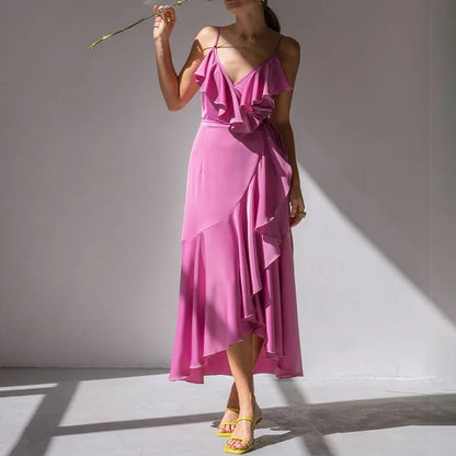 Mouwloze Satijnen Jurk met Nek Ruffles Luxe Look