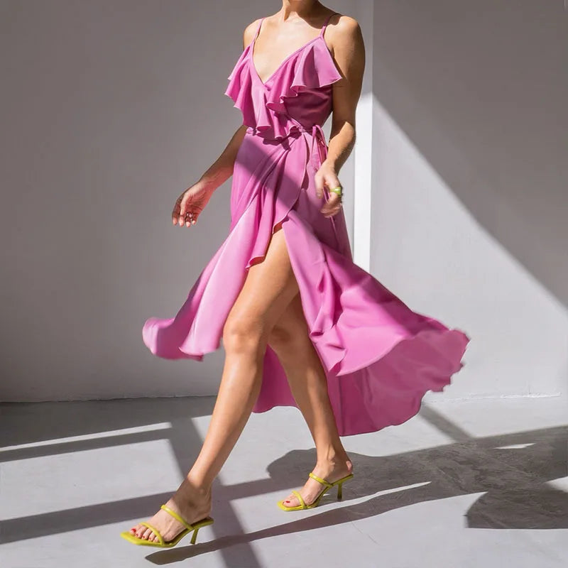 Mouwloze Satijnen Jurk met Nek Ruffles Luxe Look