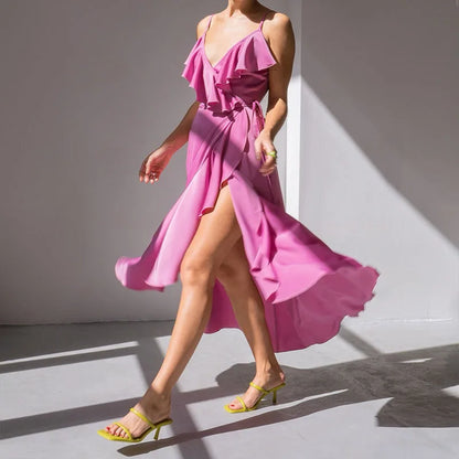 Mouwloze Satijnen Jurk met Nek Ruffles Luxe Look