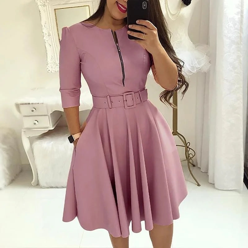 Midi Jurk Herfsttinten met Halve Mouwen Elegante Stijl