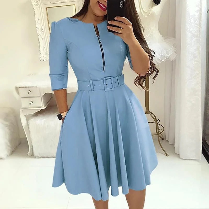 Midi Jurk Herfsttinten met Halve Mouwen Elegante Stijl