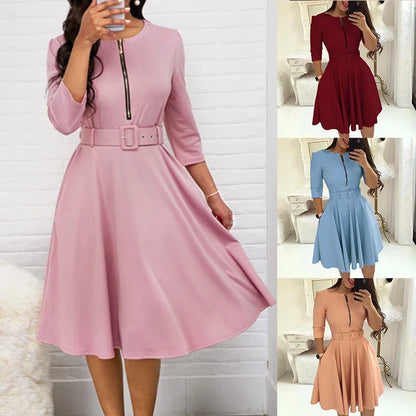 Midi Jurk Herfsttinten met Halve Mouwen Elegante Stijl