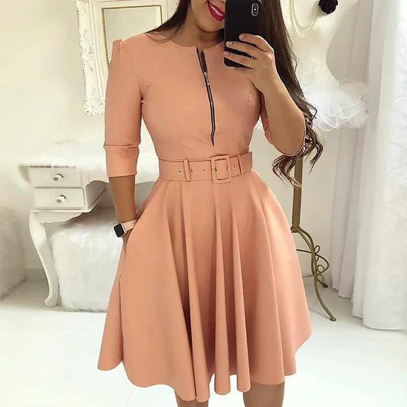 Midi Jurk Herfsttinten met Halve Mouwen Elegante Stijl