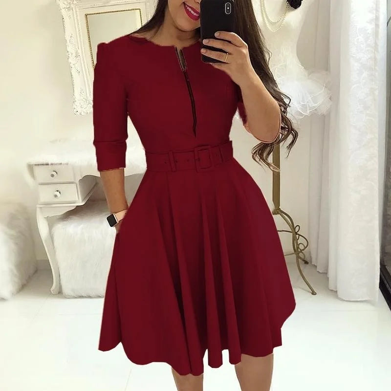 Midi Jurk Herfsttinten met Halve Mouwen Elegante Stijl