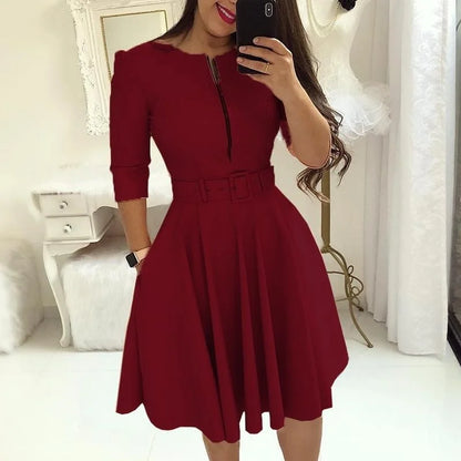 Midi Jurk Herfsttinten met Halve Mouwen Elegante Stijl