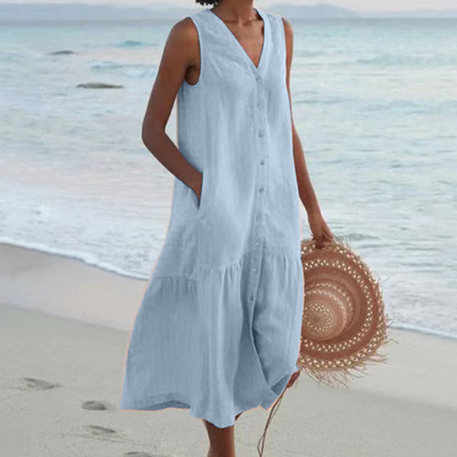 Elegante Zomerjurk Dames Met Knoopsluiting | Zomerjurk Knielengte 1
