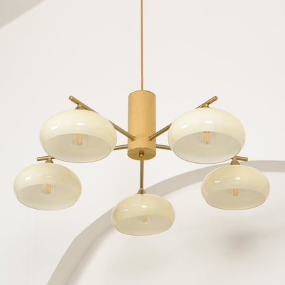 Ovale Design Kroonluchter Met Glazen Kappen En Messing Details Voor Woonkamer En Eetkamer