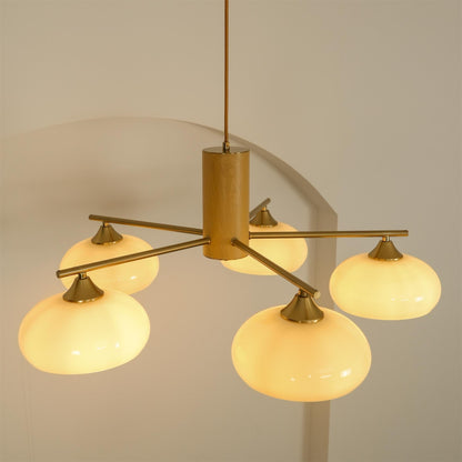 Ovale Design Kroonluchter Met Glazen Kappen En Messing Details Voor Woonkamer En Eetkamer
